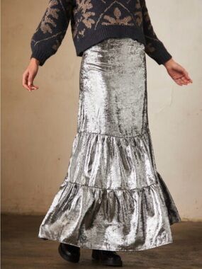 NKN Nekane Silver Metallic Tiered Maxi Skirt (EU Large | US 8/10)